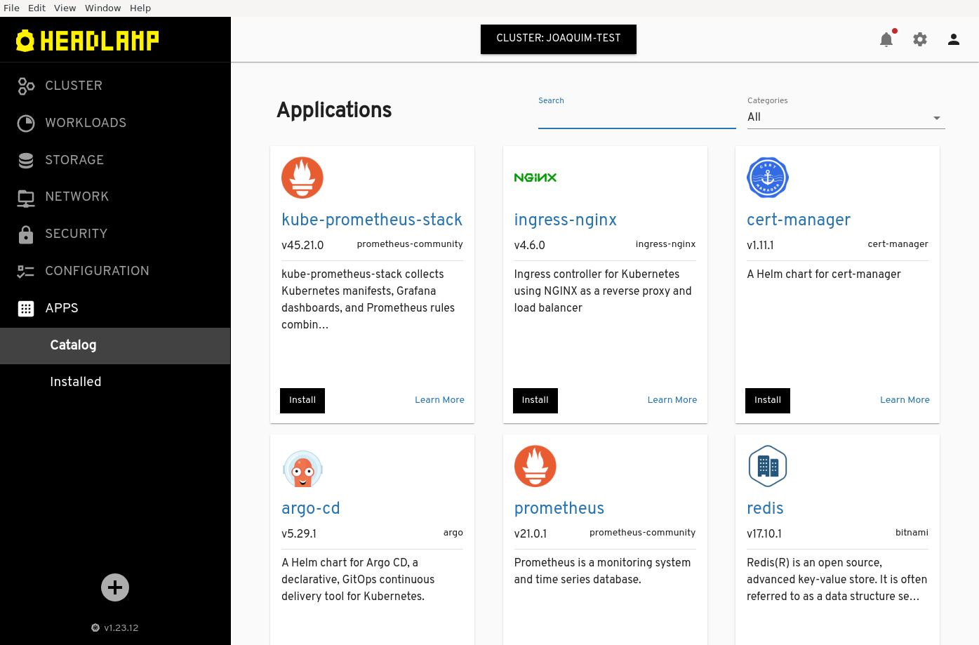 Screenshot showing a list of applications in Headlamp&#39;s new app catalog