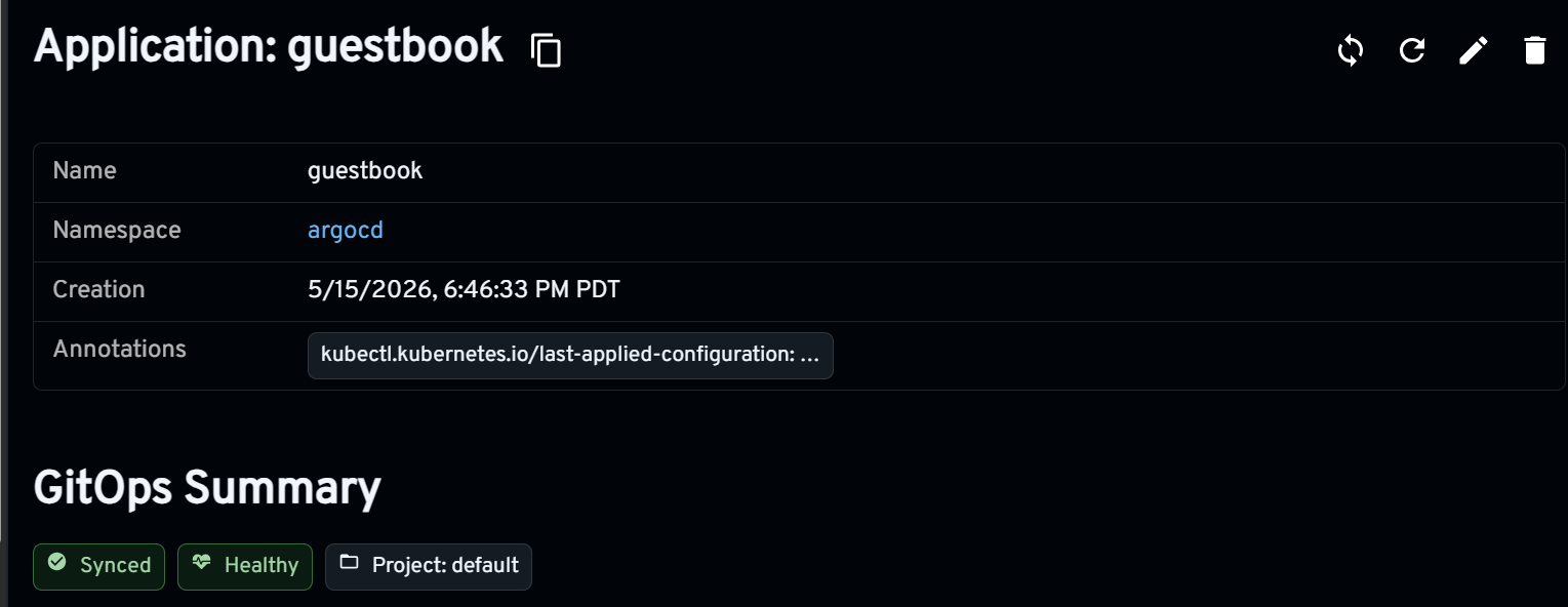 Argo CD Application detail page in Headlamp showing GitOps summary, source, and destination