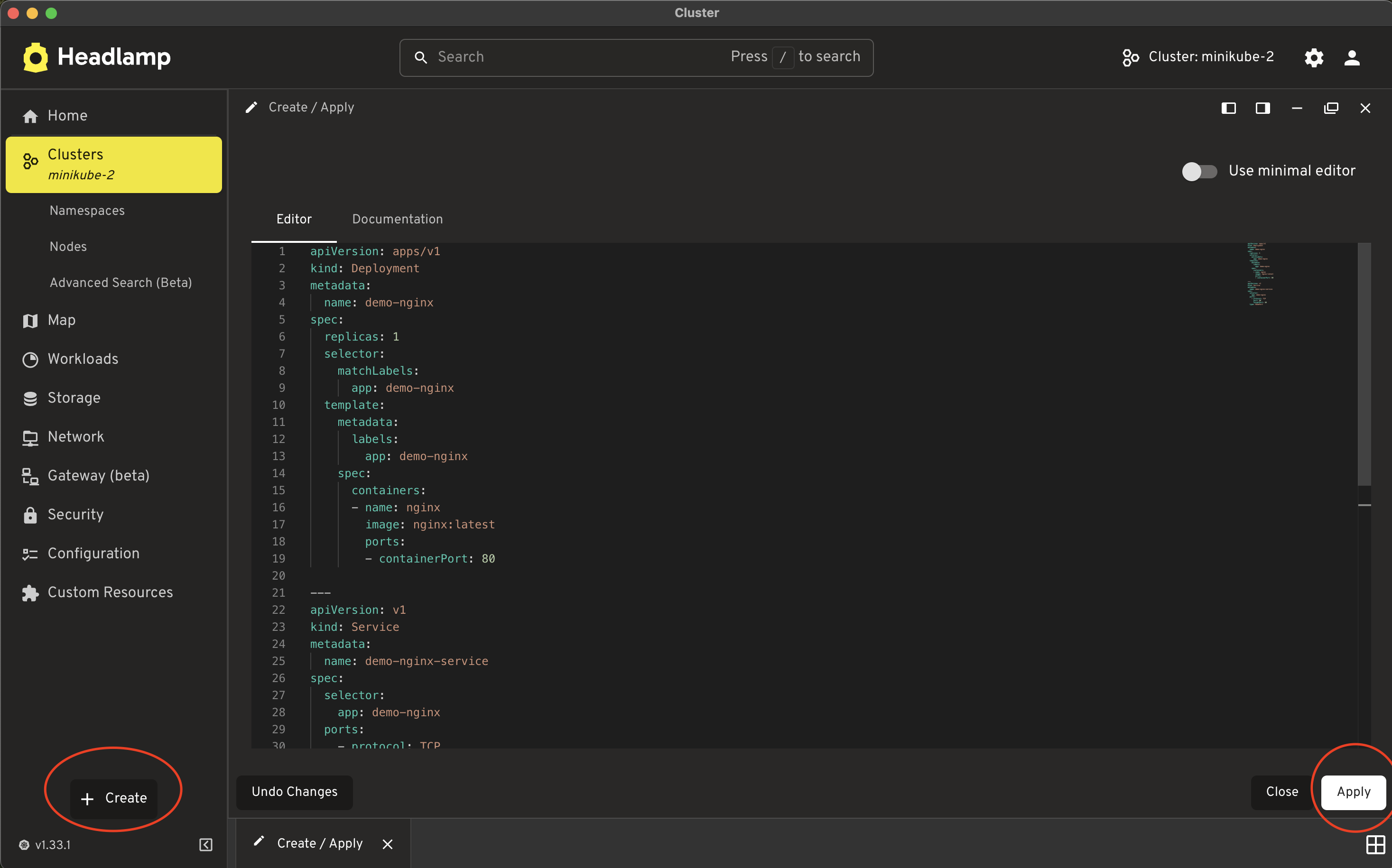 Screen shot of headlamp showing the YAML getting applied