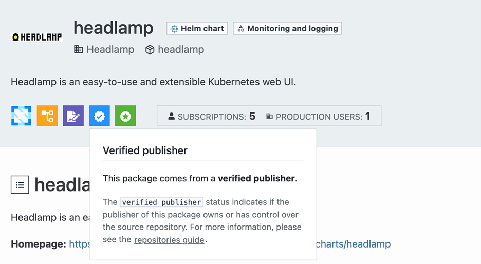 Screenshot of Headlamp&#39;s Helm Chart in ArtifactHub