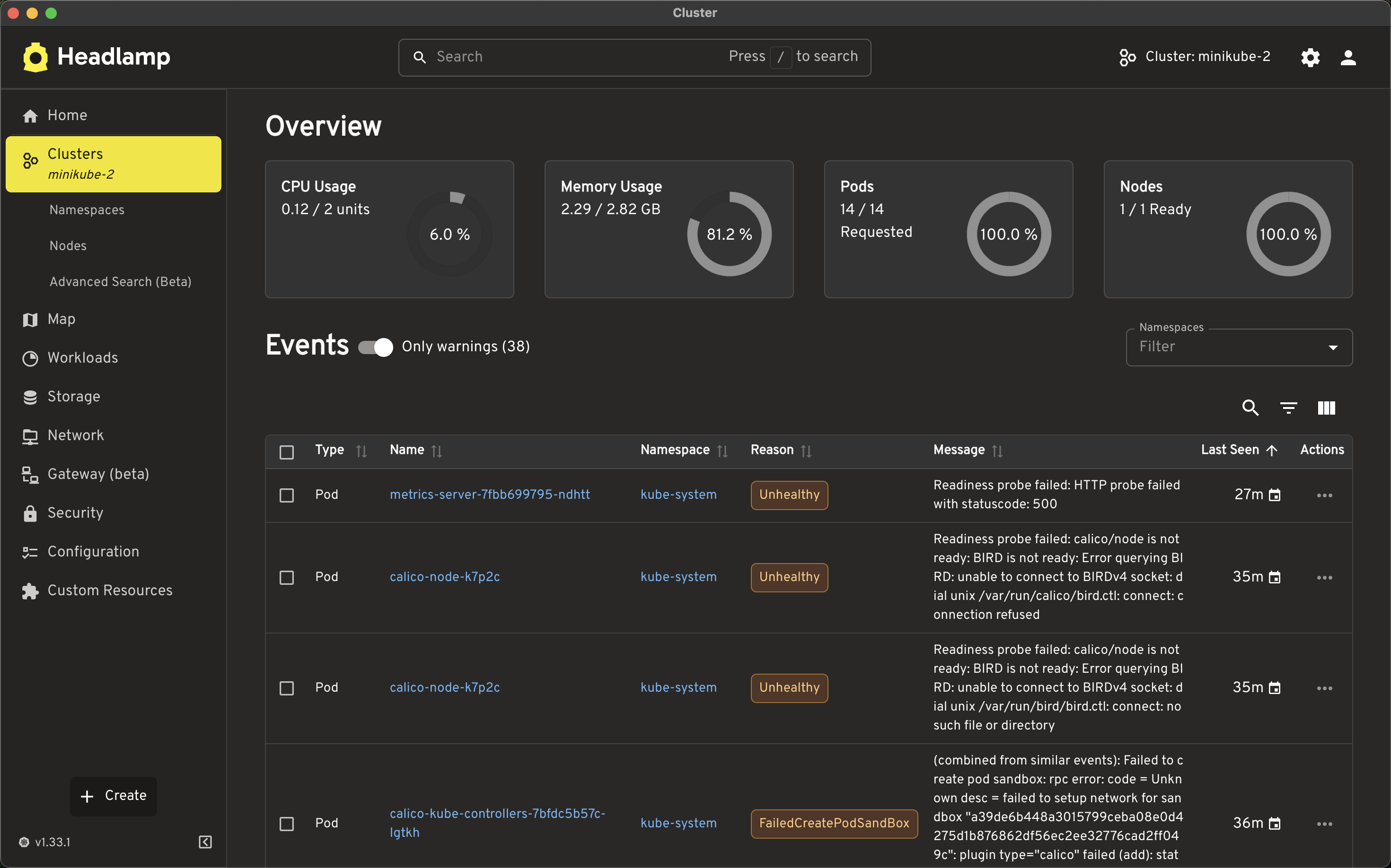 Cluster overview with cpu memory and events shown