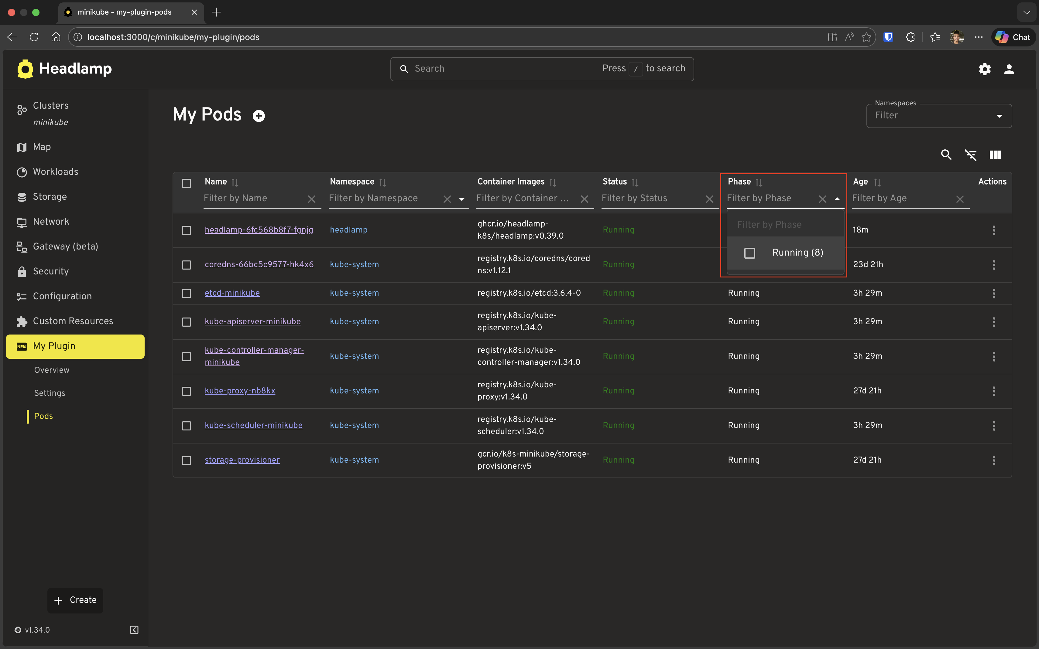 Screenshot of ResourceListView with the Phase column filter dropdown open showing a Running option