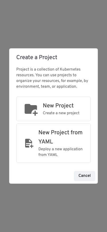 Default project creation choices on a mobile viewport