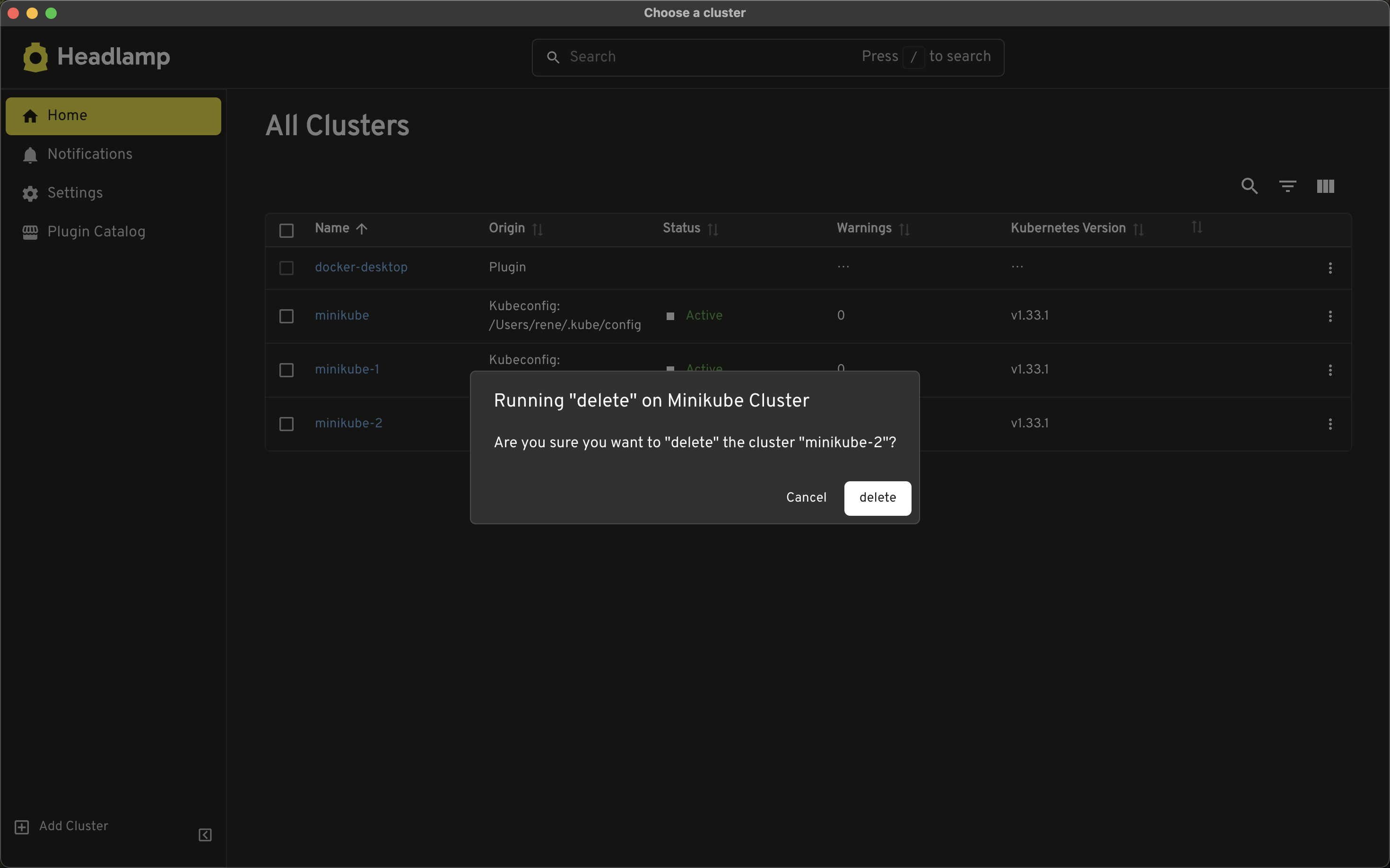 Headlamp is showing a dialog confirming deletion