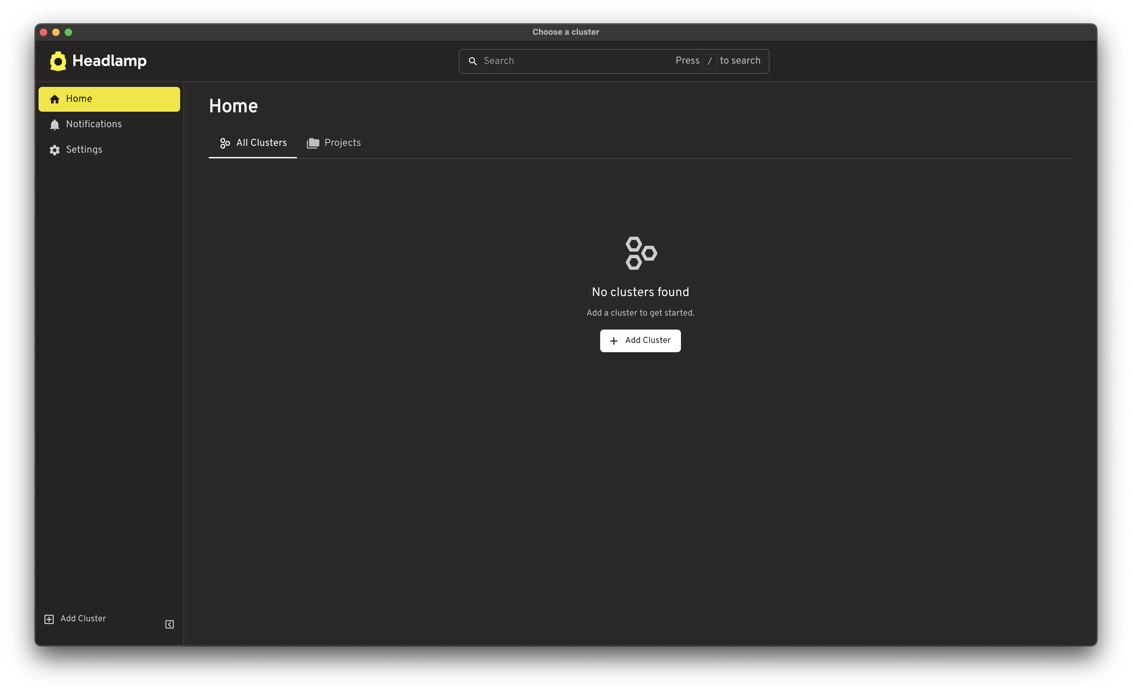 Screenshot of the Headlamp desktop application window