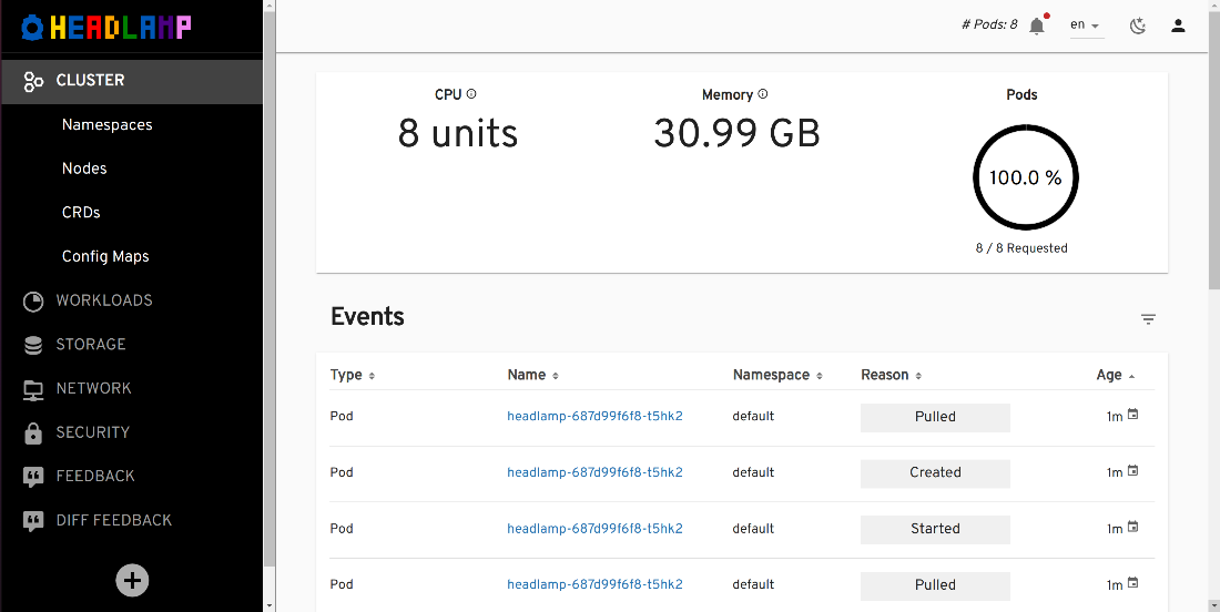 Screenshot of Headlamp deployed with plugins in-cluster