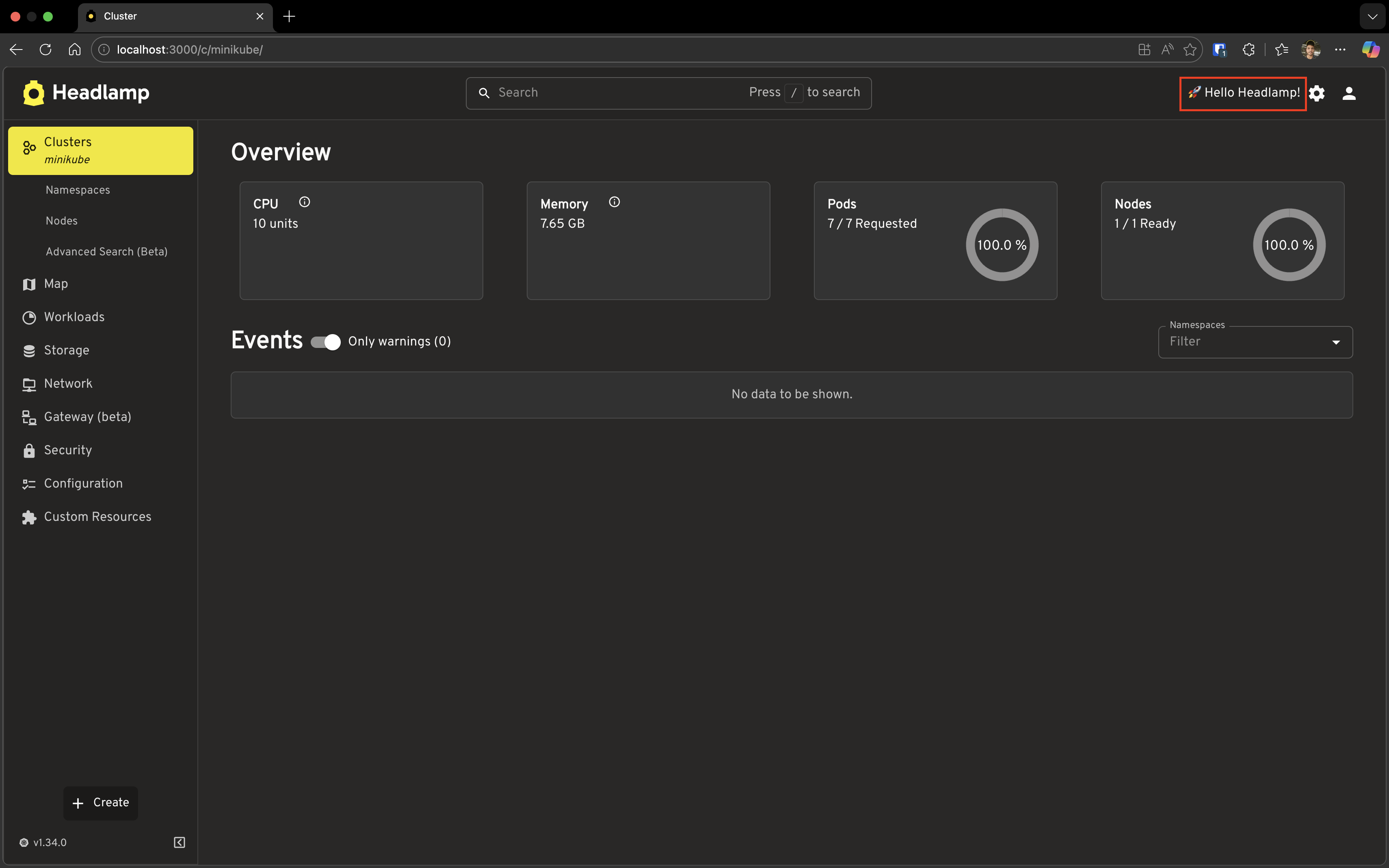 Screenshot of the Headlamp app bar with a red highlight box around the "🚀 Hello Headlamp!" text in the top-right corner