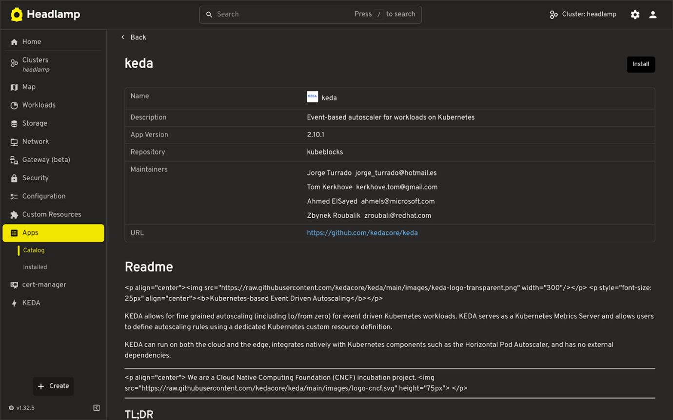 Screenshot showing the KEDA app details