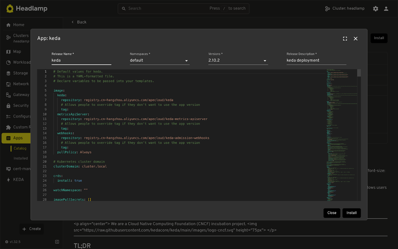Screenshot showing the YAML editor for KEDA Helm values
