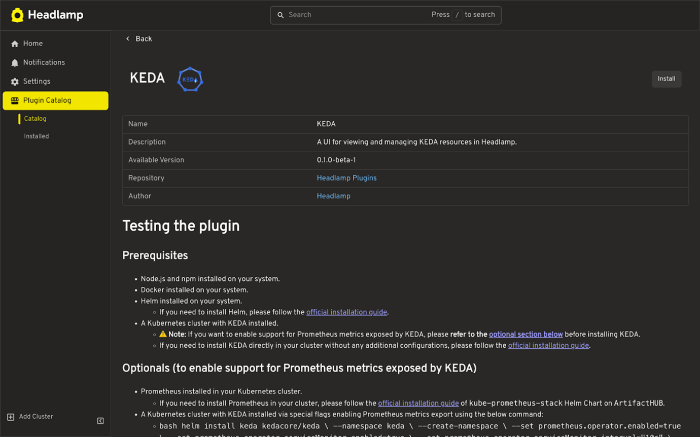 Screenshot showing the KEDA plugin in the catalog