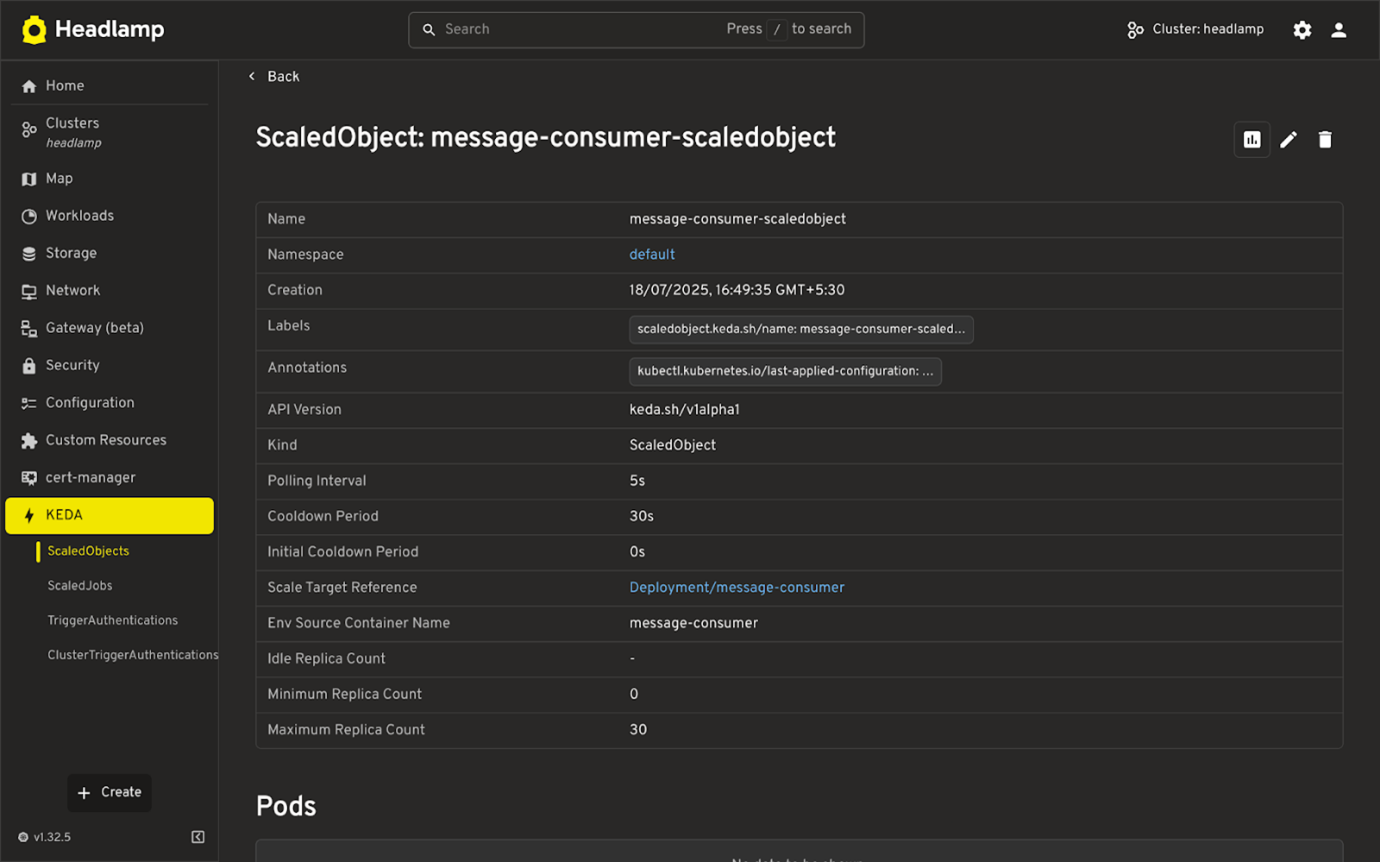 Screenshot showing a single KEDA ScaledObject
