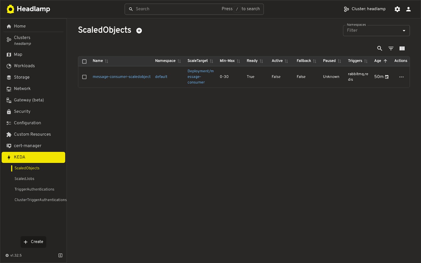 Screenshot showing the list of KEDA ScaledObjects