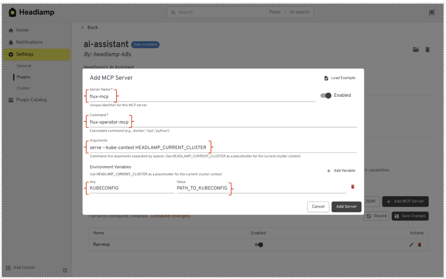 MCP server settings configuration in Headlamp