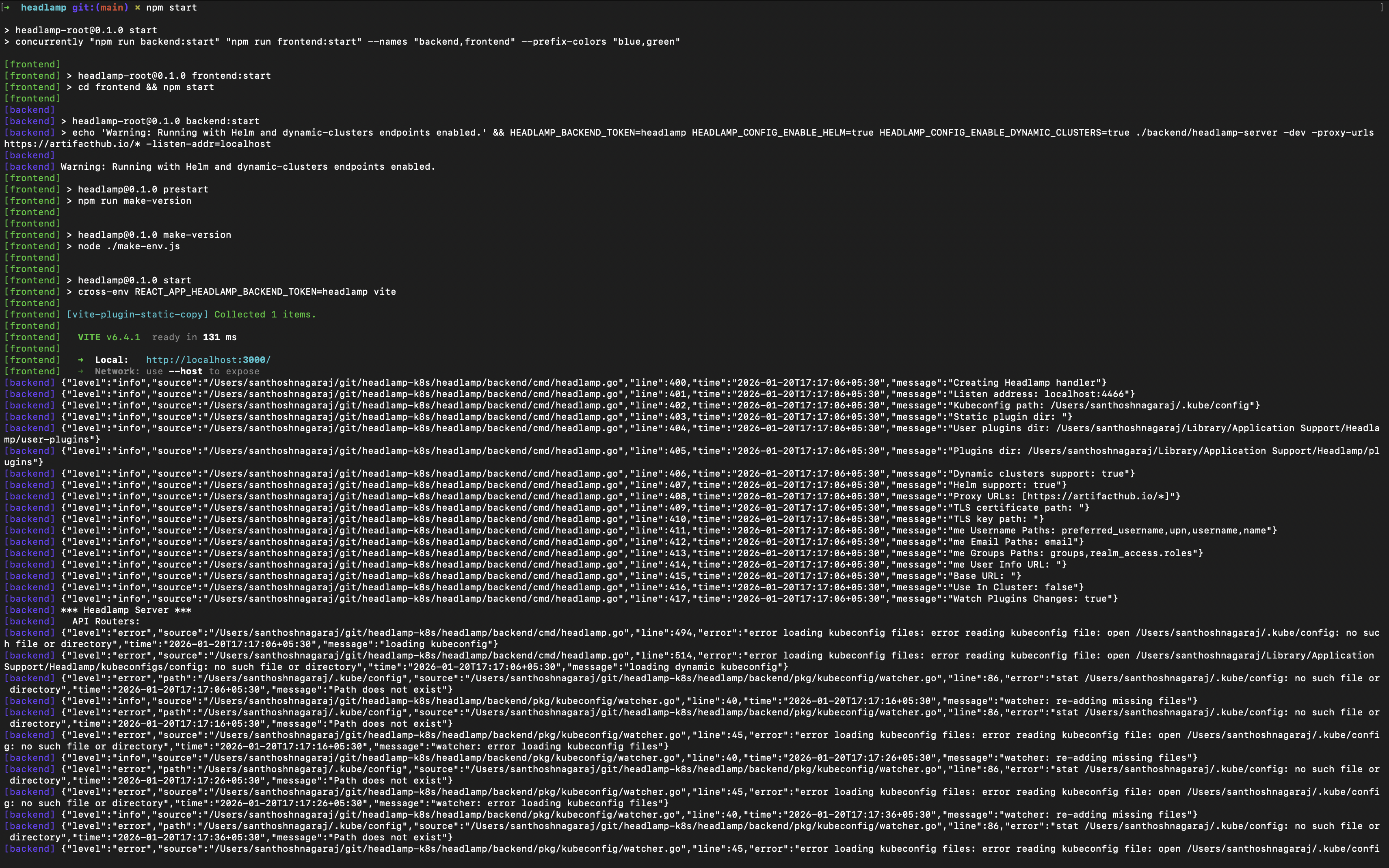 Screenshot of terminal output showing backend and frontend running with color-coded logs