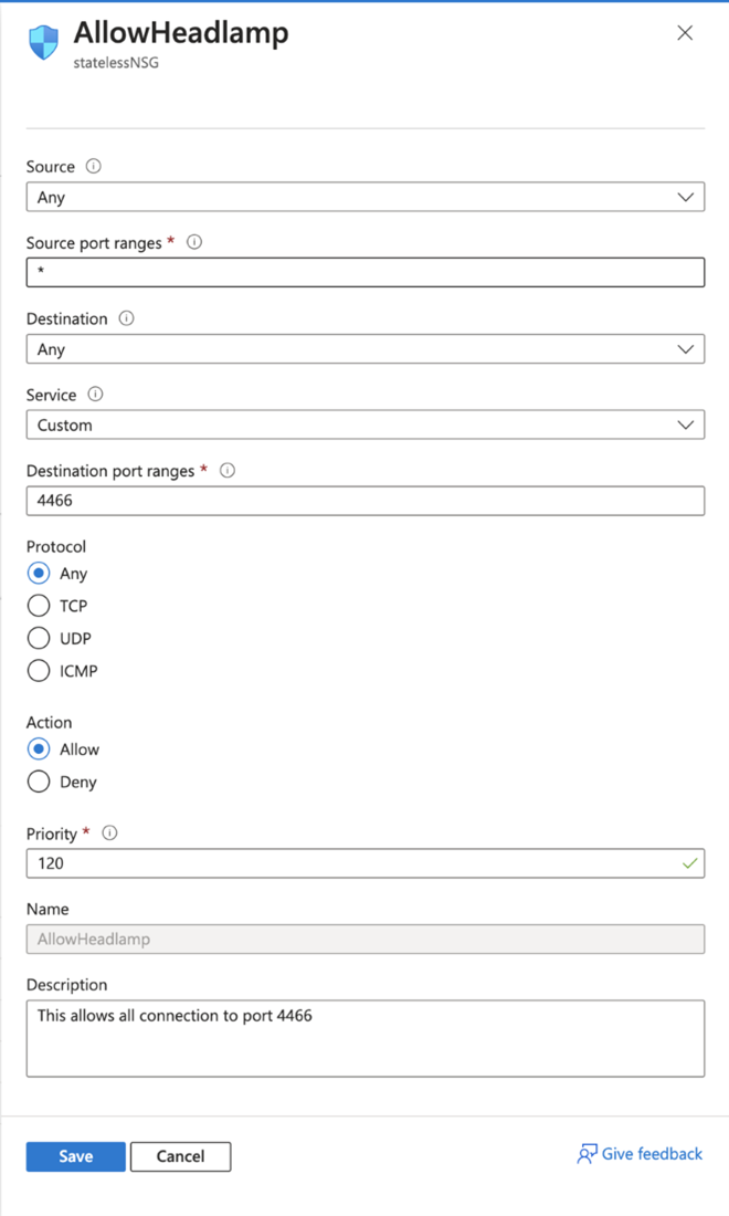 Screenshot showing the NSG rule in Azure