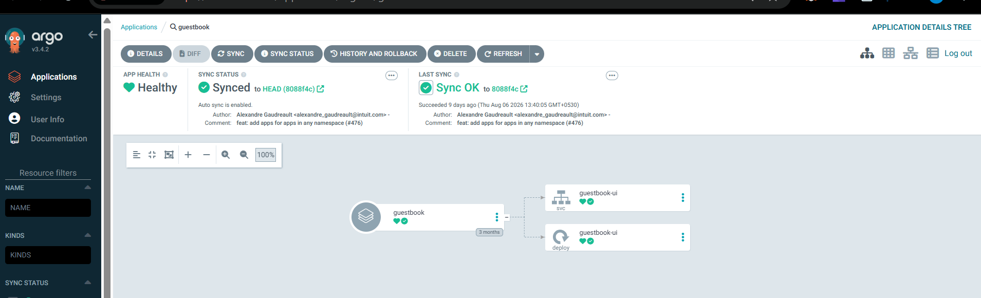 The guestbook Application opened in the native Argo CD web interface