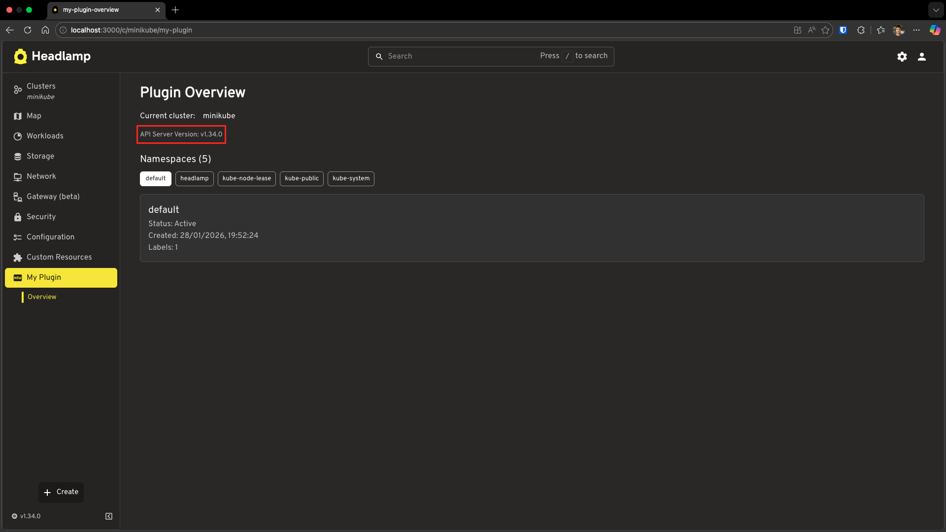 Screenshot of the Overview page showing cluster name, API server version highlighted with a red rectangle