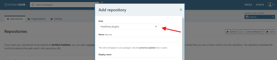 Screenshot of adding a repo in ArtifactHub