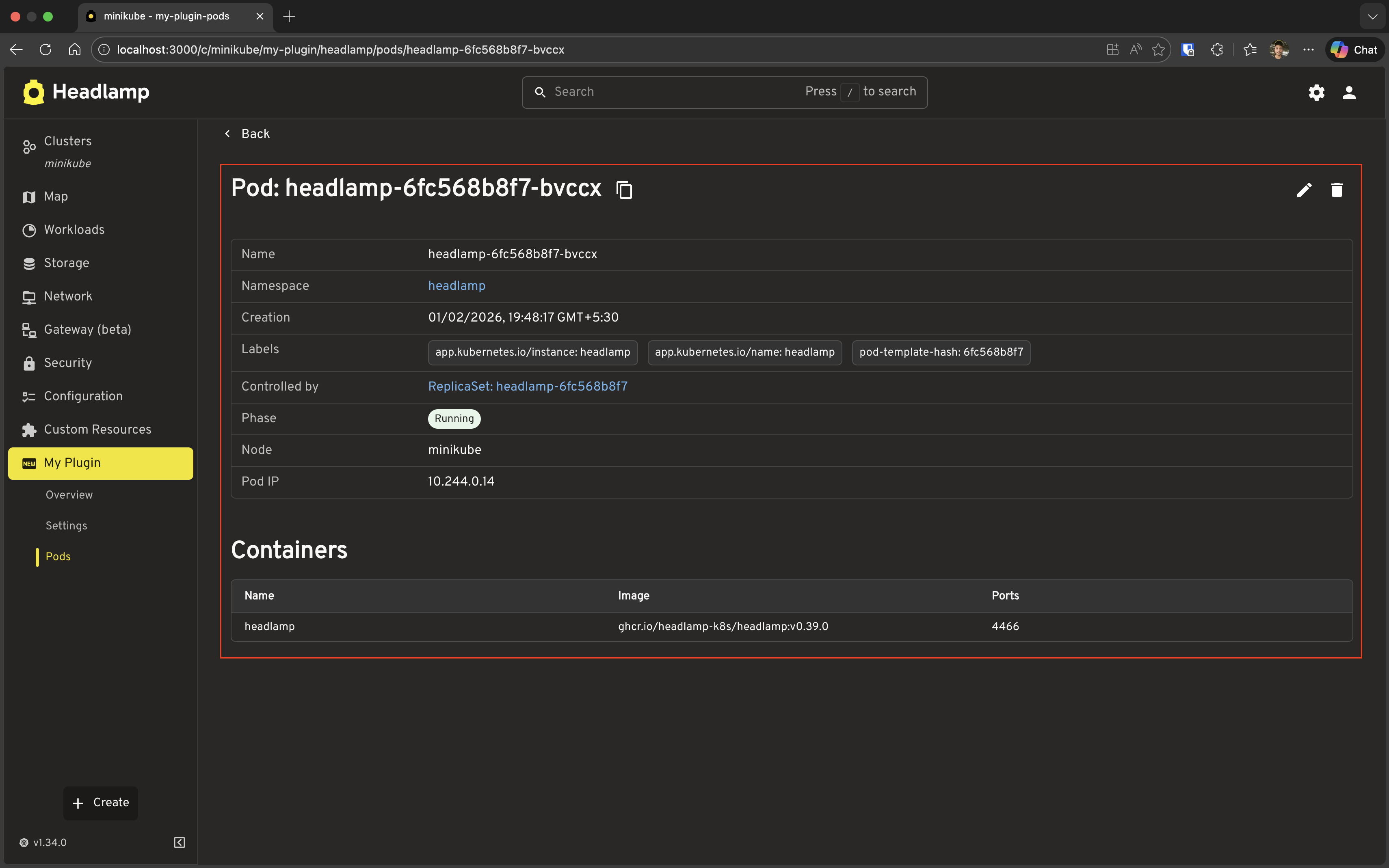 Screenshot of the pod detail page showing DetailsGrid with standard metadata, custom Phase, Node, and Pod IP fields, and the Containers section