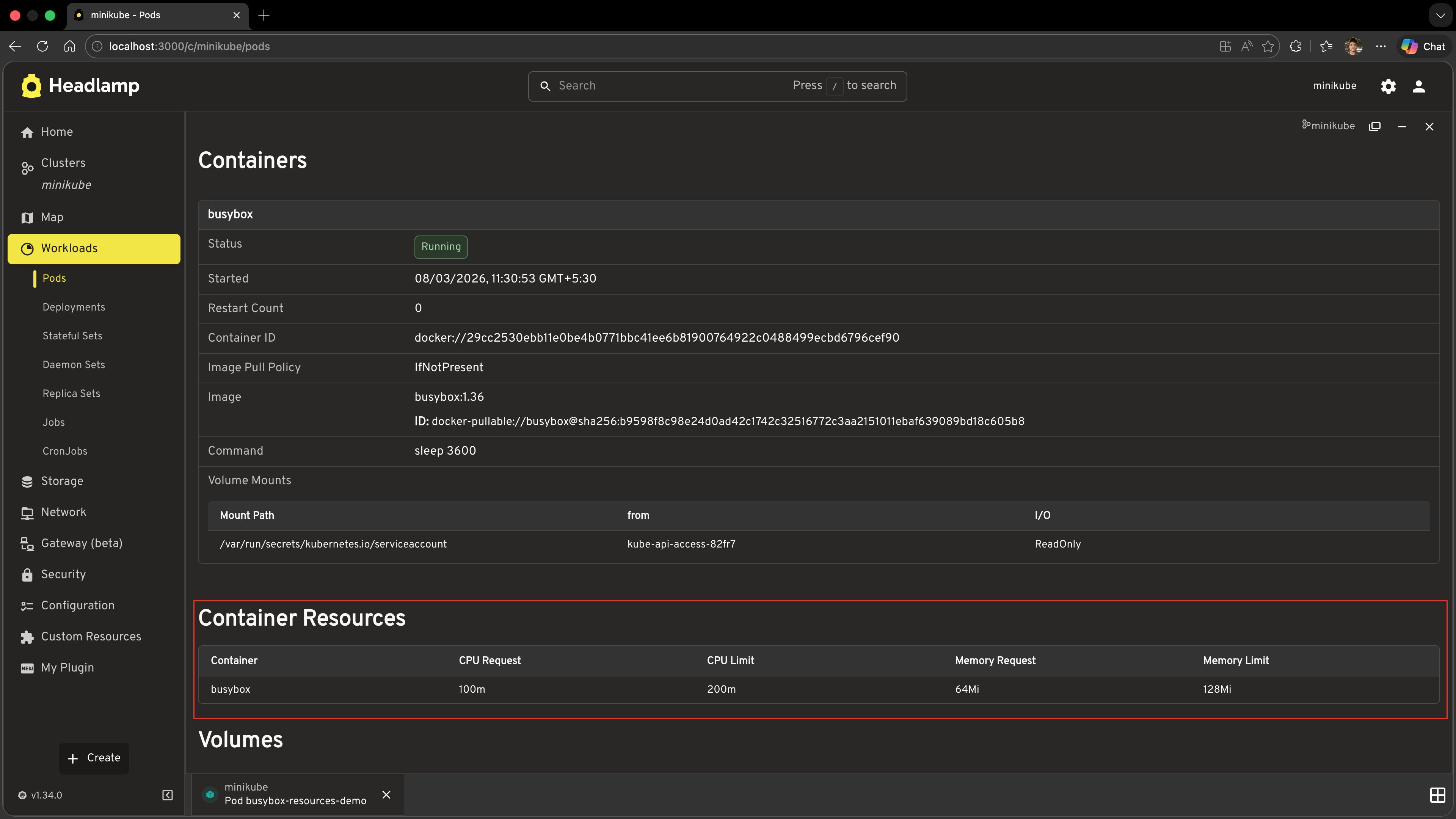 Screenshot of a Pod detail page with the custom Container Resources section visible below the Containers section, showing a table of CPU and memory requests and limits for each container