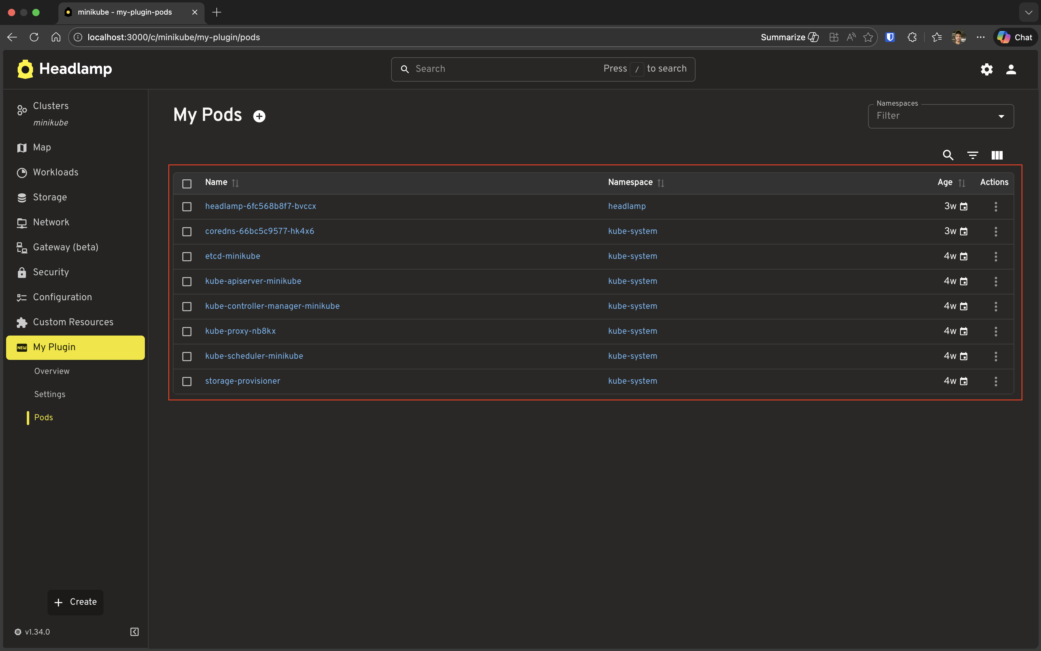 Screenshot of ResourceListView with built-in column shortcuts showing Name, Namespace, and Age columns