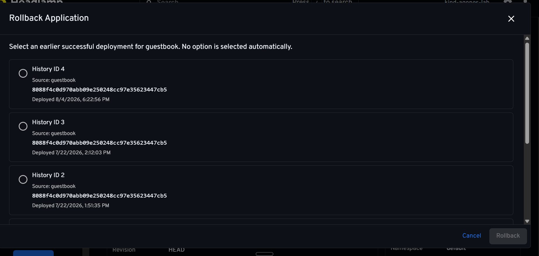 Headlamp rollback dialog listing earlier Argo CD deployment history entries with revisions and deployment times