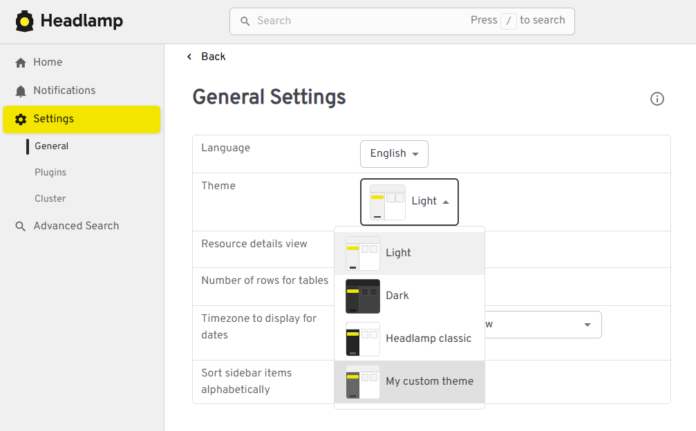 screenshot of the theme dropdown