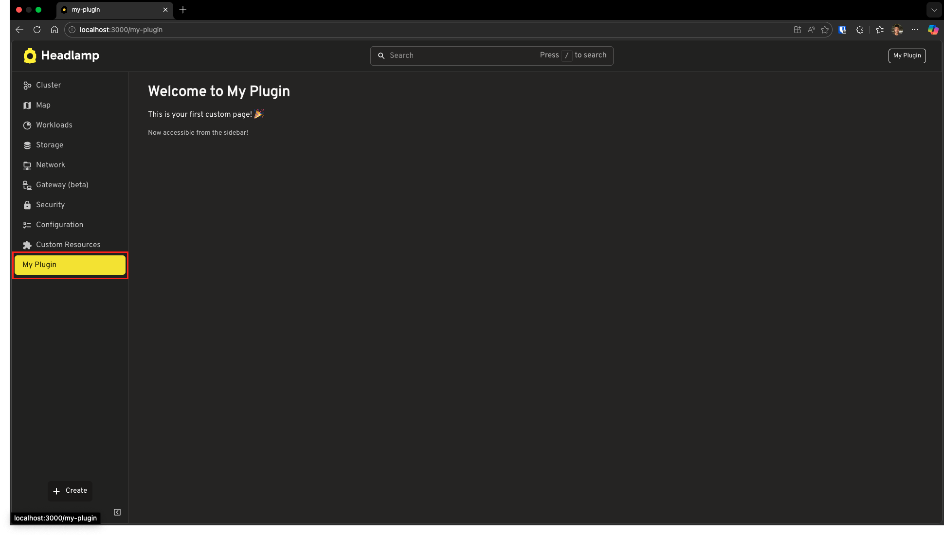 Screenshot of Headlamp sidebar with the My Plugin entry highlighted with a red rectangle at the bottom of the menu.