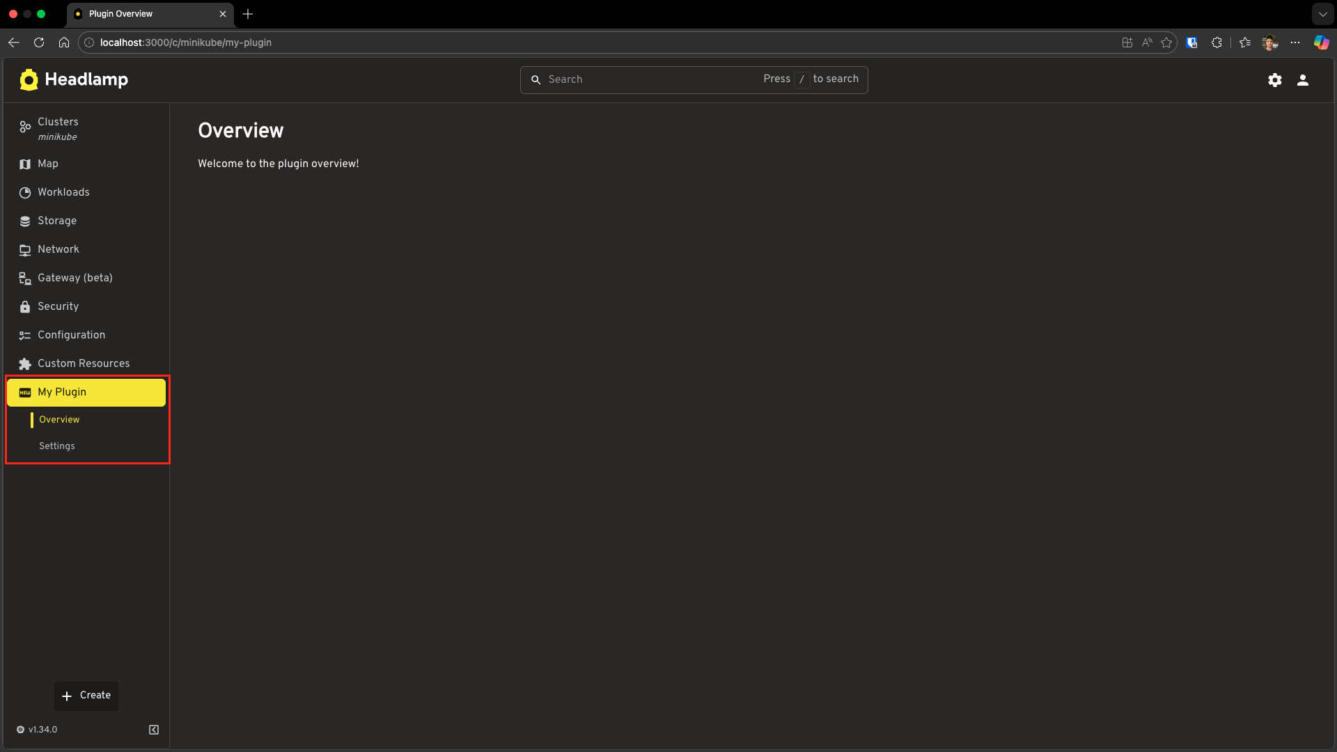 Screenshot of Headlamp sidebar with the expanded My Plugin parent entry highlighted with a red rectangle, showing Overview and Settings as child entries.