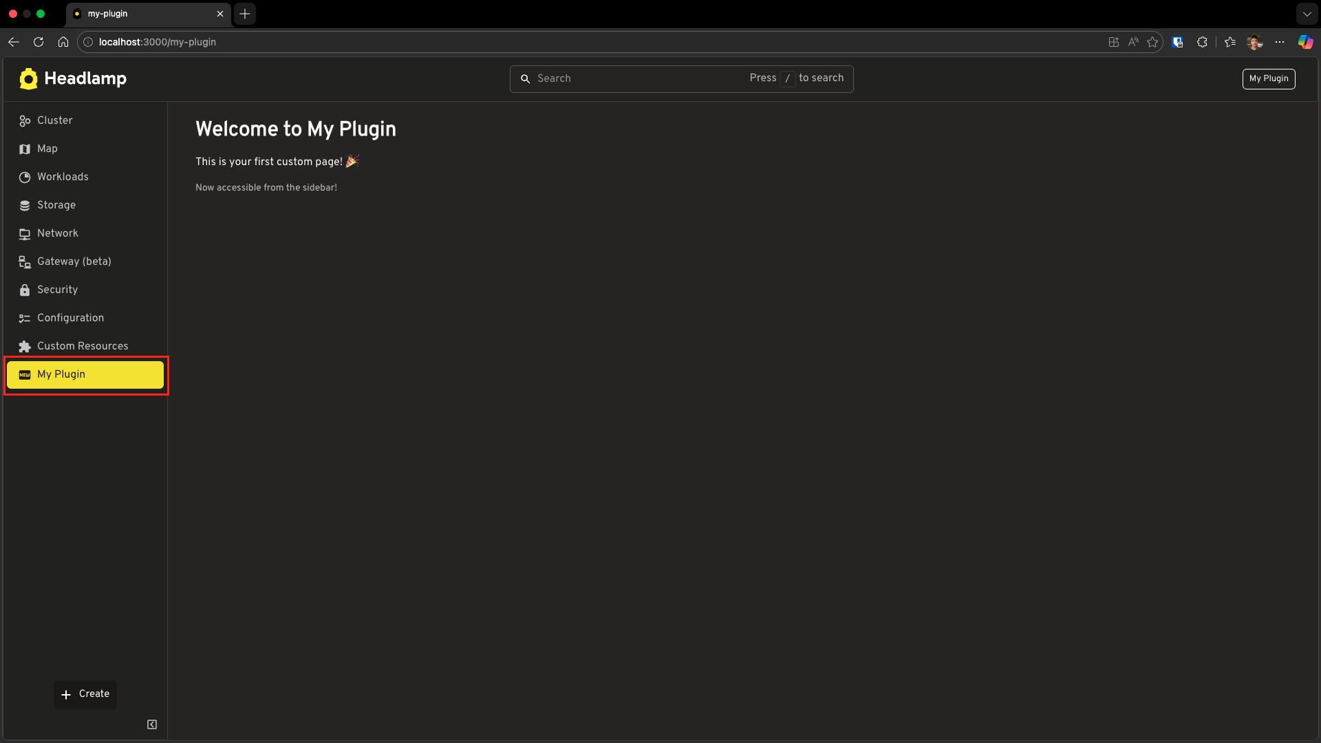 Screenshot of Headlamp sidebar with the My Plugin entry highlighted with a red rectangle, showing the new-box icon next to the label.