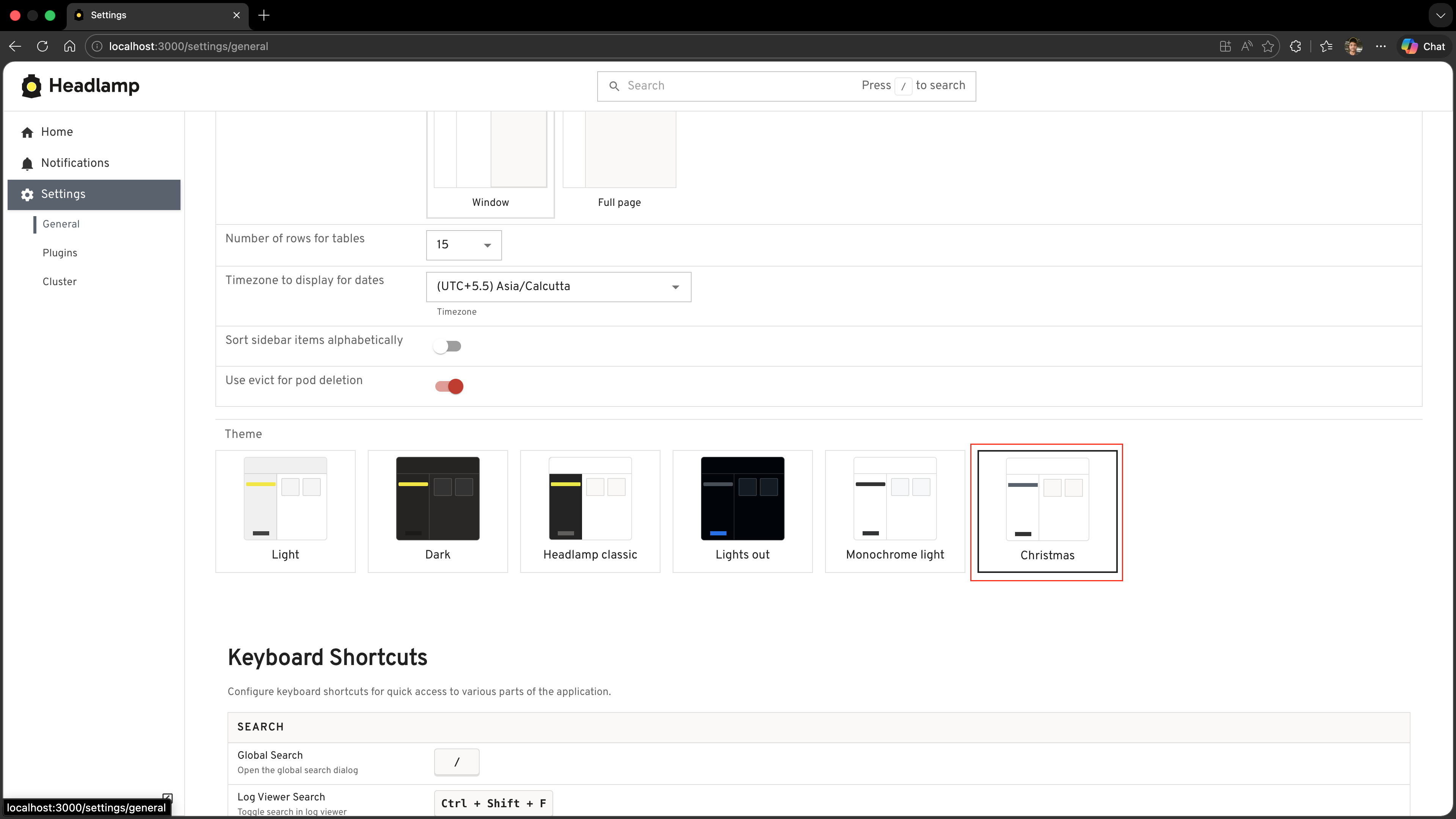 Screenshot of the Headlamp General settings page showing the Theme options with "Christmas" alongside the built-in Light and Dark choices