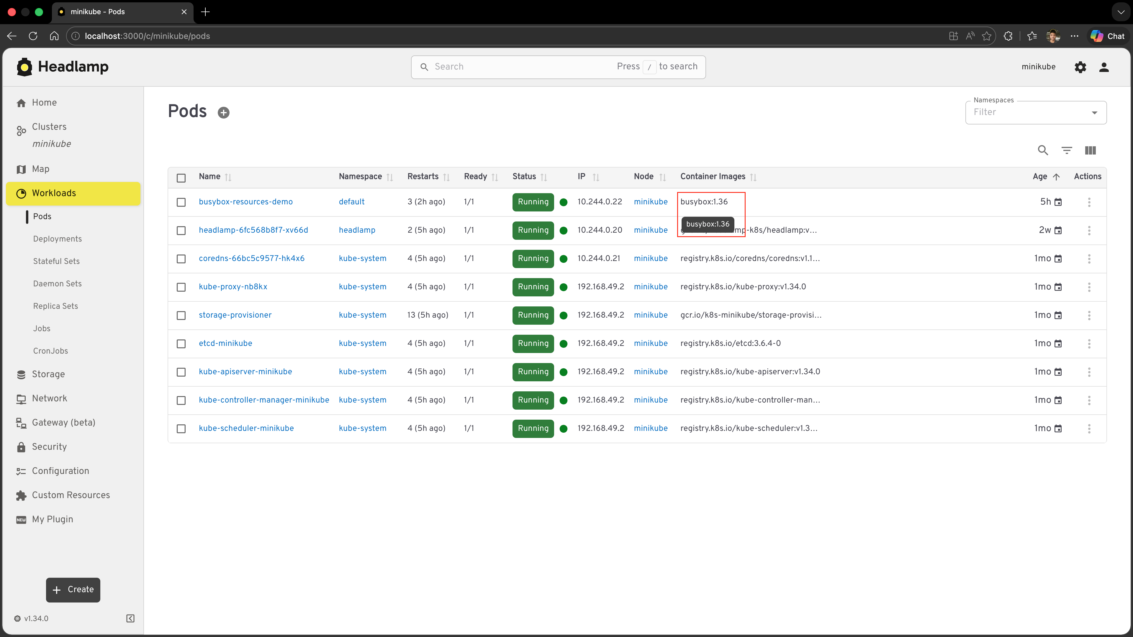 Screenshot of the same Pods list with the default Light theme active; the tooltip now appears with a black background, matching the rest of the app