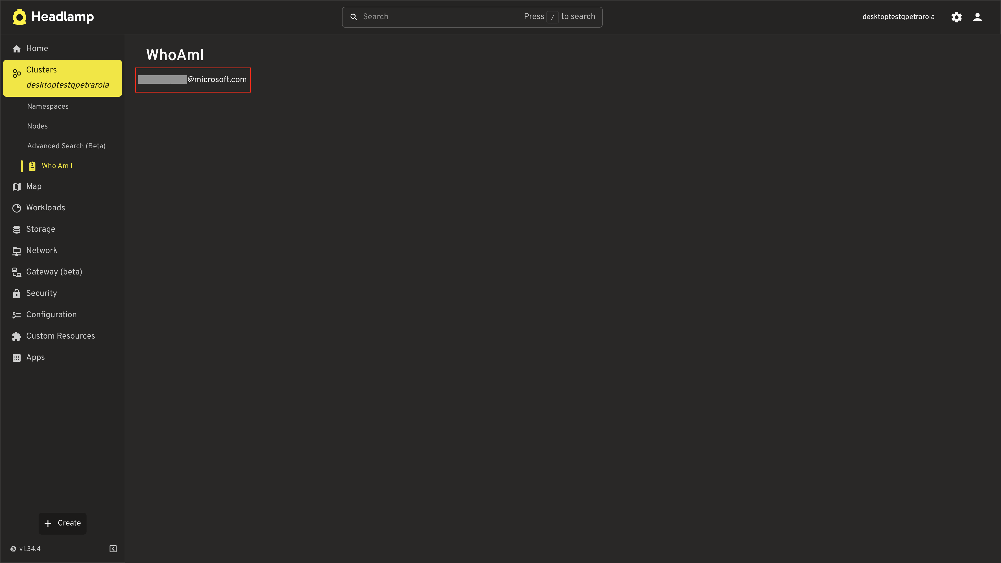 Screenshot of the WhoAmI page showing just the user email text after a successful API call
