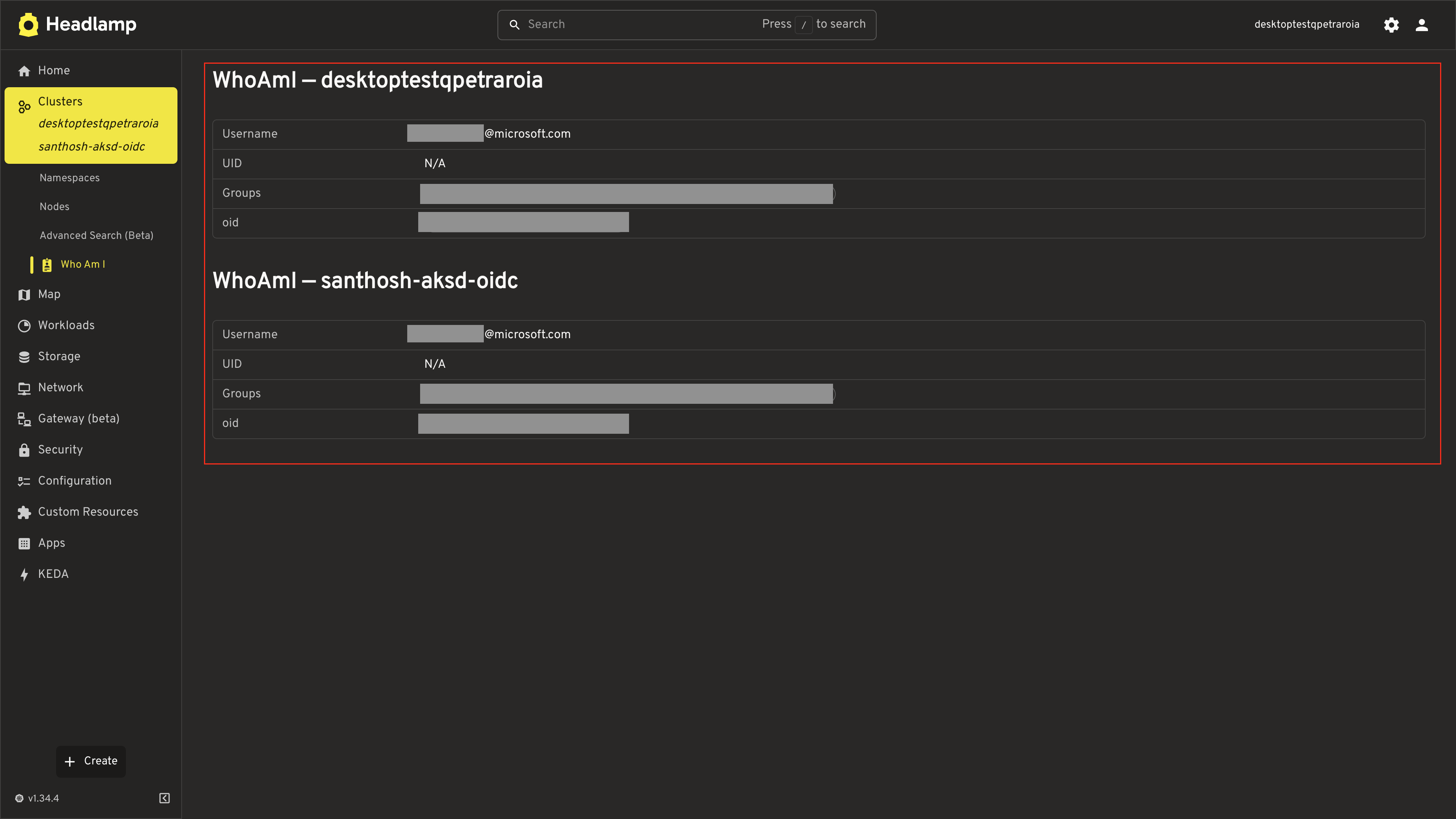 Screenshot of the WhoAmI page with multiple clusters selected, showing a separate identity section for each cluster