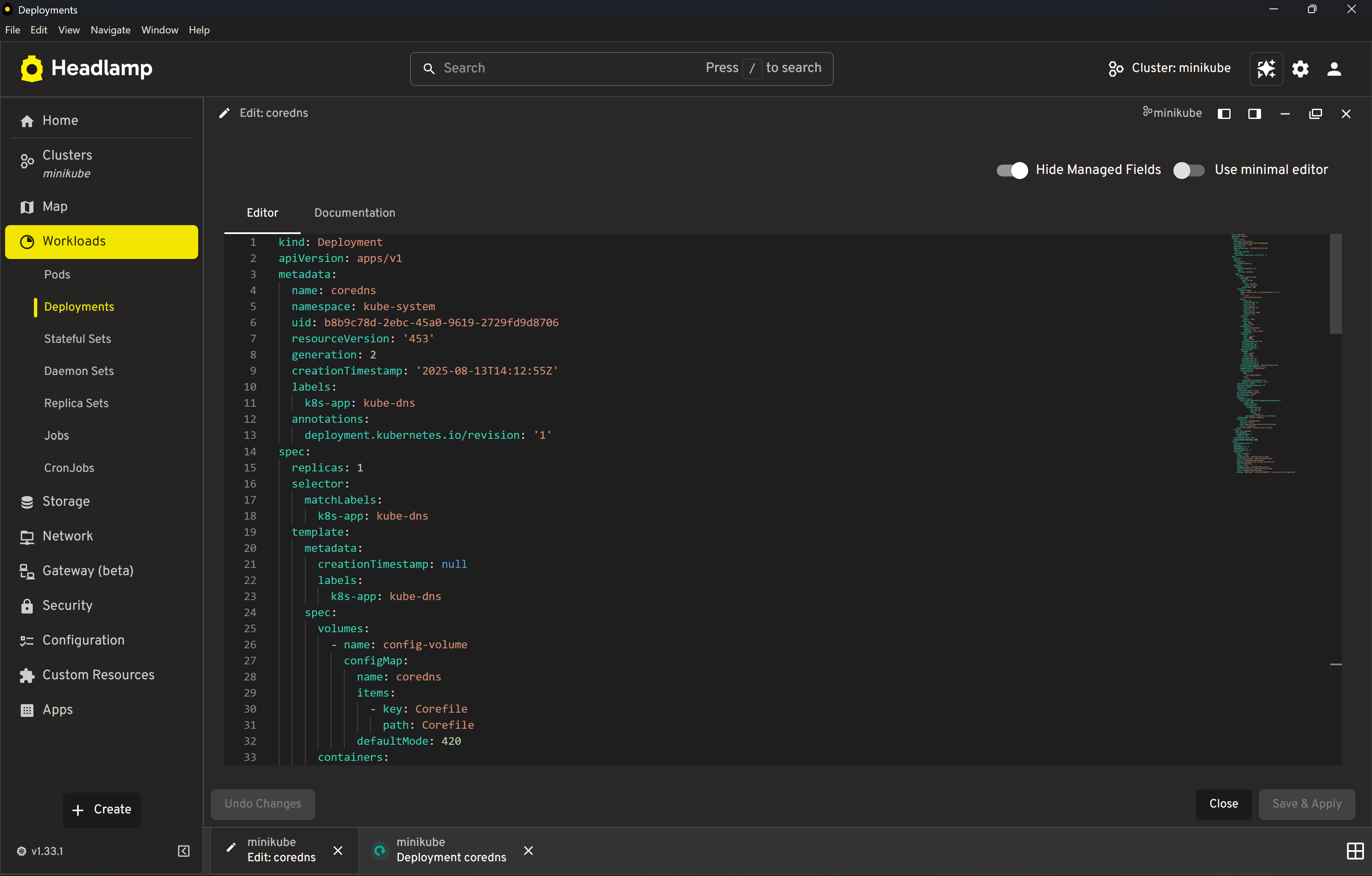 Showing the YAML editor for a deployment